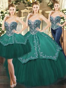 Sumptuous Ball Gowns Sweet 16 Dresses Dark Green Sweetheart Tulle Sleeveless Floor Length Lace Up