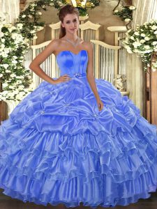 Unique Sleeveless Floor Length Beading and Ruffled Layers Lace Up Sweet 16 Dress with Baby Blue