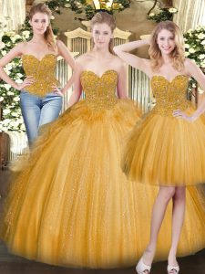 Attractive Gold Lace Up Sweetheart Beading and Ruffles Ball Gown Prom Dress Tulle Sleeveless