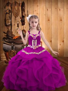 Straps Sleeveless Little Girls Pageant Gowns Floor Length Embroidery and Ruffles Fuchsia Organza