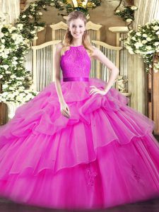 Suitable Fuchsia Scoop Neckline Lace and Ruffled Layers Quinceanera Gowns Sleeveless Zipper