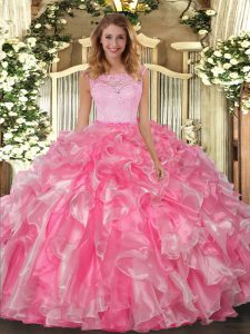 Hot Pink Sleeveless Floor Length Lace and Ruffles Clasp Handle Vestidos de Quinceanera