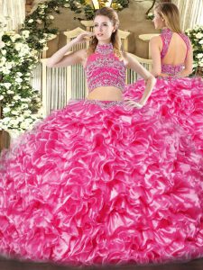 Sleeveless Floor Length Beading and Ruffles Backless 15 Quinceanera Dress with Hot Pink