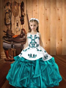 Teal Straps Neckline Embroidery and Ruffles Pageant Gowns Sleeveless Lace Up
