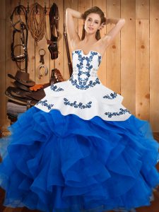 Graceful Embroidery and Ruffles 15th Birthday Dress Blue Lace Up Sleeveless Floor Length