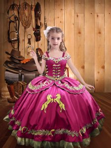 Satin Off The Shoulder Sleeveless Lace Up Beading and Embroidery Pageant Gowns For Girls in Hot Pink
