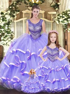 Popular Floor Length Lilac Ball Gown Prom Dress Scoop Sleeveless Lace Up