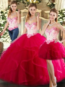 Hot Pink Lace Up Vestidos de Quinceanera Beading and Ruffles Sleeveless Floor Length