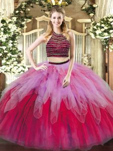 Floor Length Multi-color Quince Ball Gowns Tulle Sleeveless Beading and Ruffles