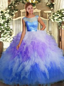 Multi-color Backless Scoop Lace and Ruffles Quinceanera Dress Organza Sleeveless