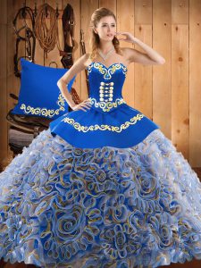 With Train Multi-color Quince Ball Gowns Satin and Fabric With Rolling Flowers Sweep Train Sleeveless Embroidery