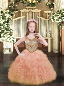 Modern Scoop Sleeveless Pageant Dress for Teens Floor Length Beading and Ruffles and Pick Ups Orange Organza