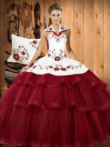 With Train Lace Up Sweet 16 Dresses Wine Red for Military Ball and Sweet 16 and Quinceanera with Embroidery and Ruffled Layers Sweep Train