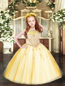 Affordable Gold Ball Gowns Tulle Scoop Sleeveless Beading and Appliques Floor Length Zipper Little Girl Pageant Dress