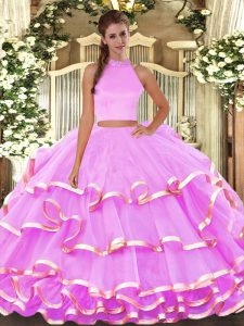 Lilac Quinceanera Gowns Military Ball and Quinceanera with Beading and Ruffled Layers Halter Top Sleeveless Backless