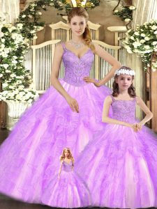 Fabulous Sleeveless Floor Length Beading and Ruffles Lace Up Sweet 16 Quinceanera Dress with Lilac