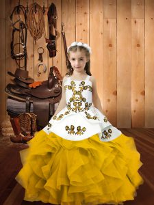 Popular Gold Ball Gowns Embroidery and Ruffles Custom Made Pageant Dress Lace Up Organza Sleeveless Floor Length