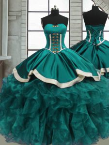 Decent Sleeveless Organza Floor Length Lace Up Quince Ball Gowns in Teal with Beading and Ruffles