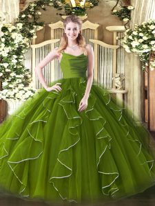 Fashion Olive Green Sleeveless Ruffles Floor Length Sweet 16 Dress