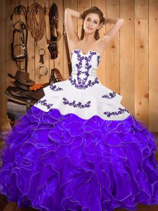 Sleeveless Floor Length Embroidery and Ruffles Lace Up Quince Ball Gowns with White And Purple