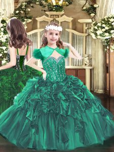 Beauteous Floor Length Lace Up Pageant Dress Toddler Dark Green for Party and Quinceanera with Beading and Ruffles