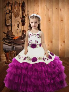 Latest Floor Length Fuchsia Little Girls Pageant Gowns Organza Sleeveless Embroidery and Ruffled Layers
