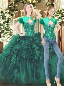 Sleeveless Floor Length Beading and Ruffles Lace Up 15 Quinceanera Dress with Dark Green