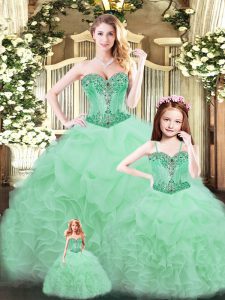 Floor Length Apple Green Quinceanera Dresses Tulle Sleeveless Beading and Ruffles
