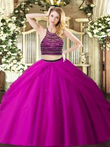 Ball Gowns Quinceanera Dresses Fuchsia Halter Top Tulle Sleeveless Floor Length Zipper