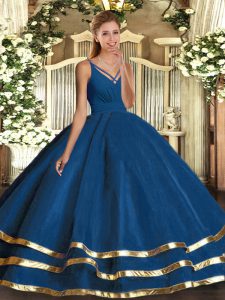 Blue V-neck Backless Ruffled Layers Quinceanera Gown Sleeveless