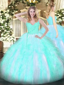 Aqua Blue Ball Gowns Organza Spaghetti Straps Sleeveless Ruffles Floor Length Zipper Ball Gown Prom Dress