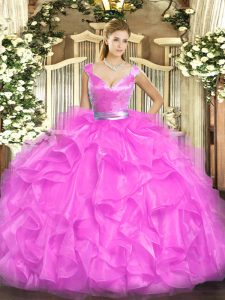 Stunning Sleeveless Floor Length Beading and Ruffles Zipper Ball Gown Prom Dress with Fuchsia