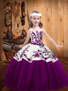 Sleeveless Floor Length Embroidery Lace Up Child Pageant Dress with Eggplant Purple