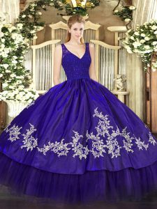 V-neck Sleeveless Taffeta Quinceanera Dress Beading and Lace and Appliques Backless