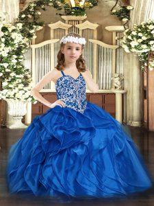Custom Fit Sleeveless Organza Floor Length Lace Up Pageant Gowns For Girls in Blue with Beading and Ruffles