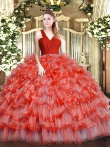 Vintage Ruffled Layers Sweet 16 Dress Coral Red Zipper Sleeveless Floor Length