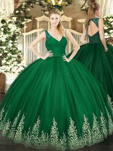 Ball Gowns Quinceanera Gown Dark Green V-neck Tulle Sleeveless Floor Length Backless