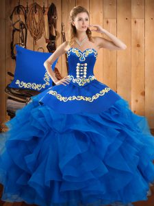 Sleeveless Satin and Organza Floor Length Lace Up 15th Birthday Dress in Blue with Embroidery and Ruffles