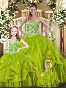 Delicate Olive Green Ball Gowns Sweetheart Sleeveless Organza Floor Length Lace Up Beading and Ruffles Quinceanera Gown