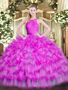 Delicate Fuchsia Ball Gowns Scoop Sleeveless Organza Floor Length Zipper Ruffled Layers Quinceanera Gown