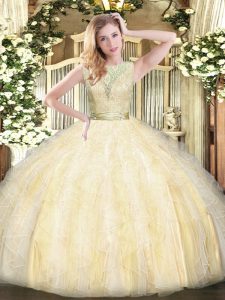 Clearance Light Yellow Ball Gowns Lace and Ruffles Quince Ball Gowns Backless Organza Sleeveless Floor Length