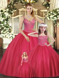 Straps Sleeveless Lace Up 15th Birthday Dress Hot Pink Tulle