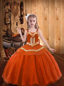 Graceful Orange Red Ball Gowns Organza Straps Sleeveless Embroidery and Ruffles Floor Length Lace Up Pageant Dress for Girls