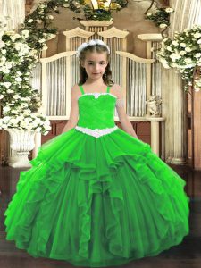 Floor Length Lace Up Little Girl Pageant Dress Green for Party and Quinceanera with Appliques and Ruffles