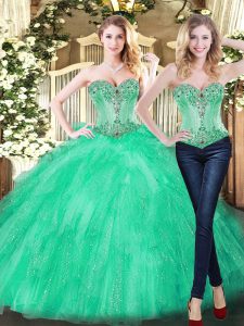 Green Two Pieces Beading and Ruffles Sweet 16 Dresses Lace Up Organza Sleeveless Floor Length