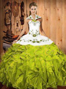 Olive Green Ball Gowns Satin and Organza Halter Top Sleeveless Embroidery and Ruffles Floor Length Lace Up Sweet 16 Dress