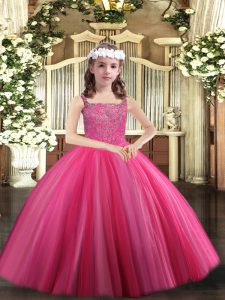 Hot Pink Tulle Lace Up Pageant Dress for Girls Sleeveless Floor Length Beading