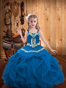 Blue Ball Gowns Embroidery and Ruffles Girls Pageant Dresses Lace Up Organza Sleeveless Floor Length
