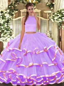 Shining Floor Length Lavender Quinceanera Gown Organza Sleeveless Beading and Ruffled Layers