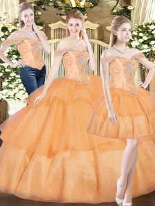 Enchanting Beading and Ruffled Layers 15th Birthday Dress Orange Red Lace Up Sleeveless Floor Length